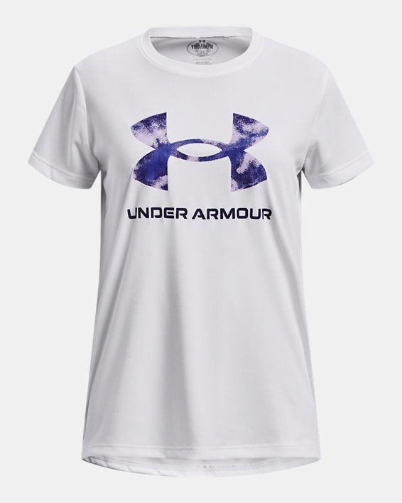 Girls' UA Tech™ Print Fill Big Logo Short Sleeve in White image number 0